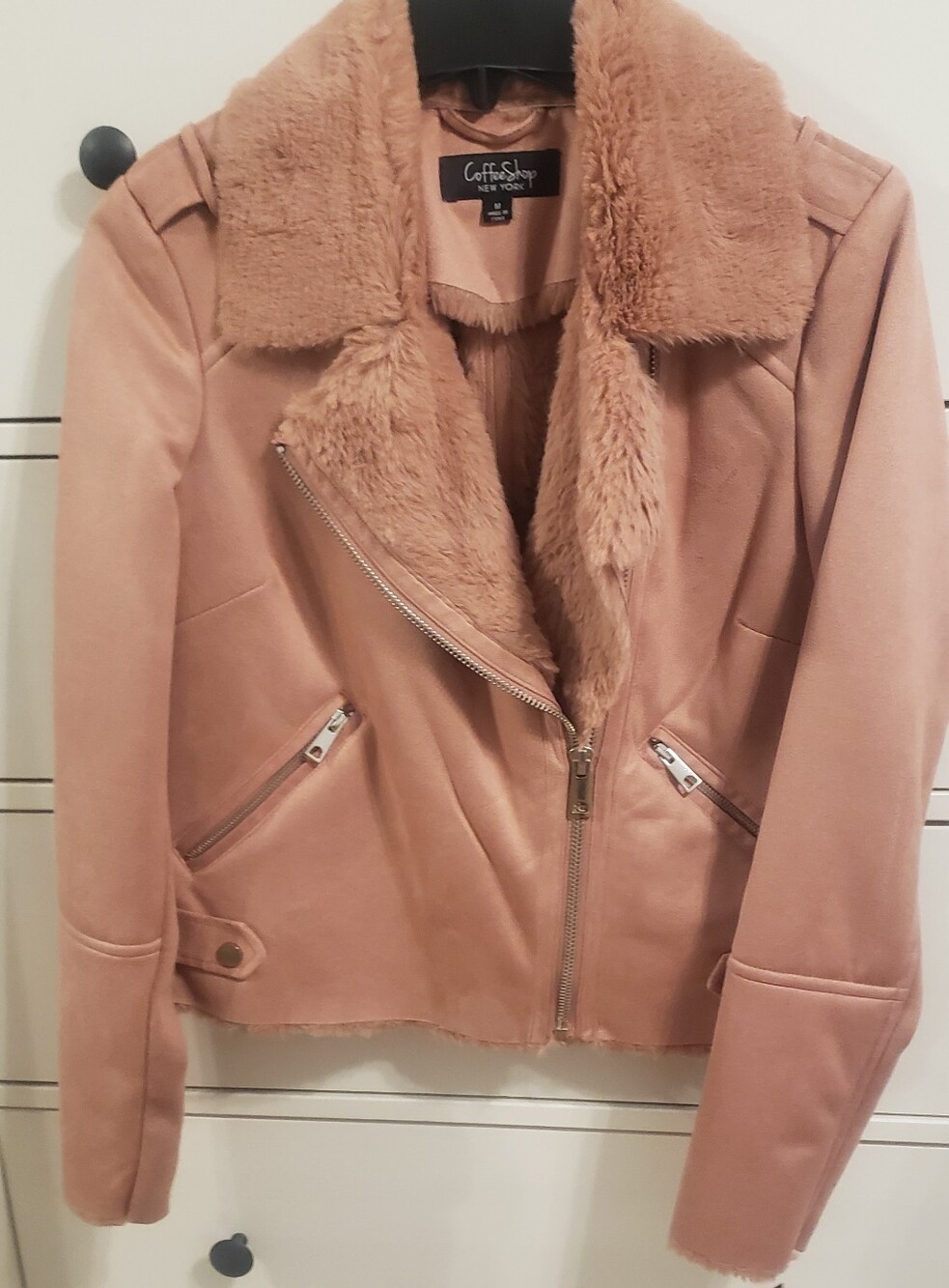 CoffeeShop Blush Pink Faux-Fur Trim Moto Jacket